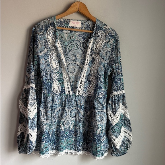 Miss June Blue Paisley Boho Peasant tunic Top Lace Trim - Picture 2 of 12